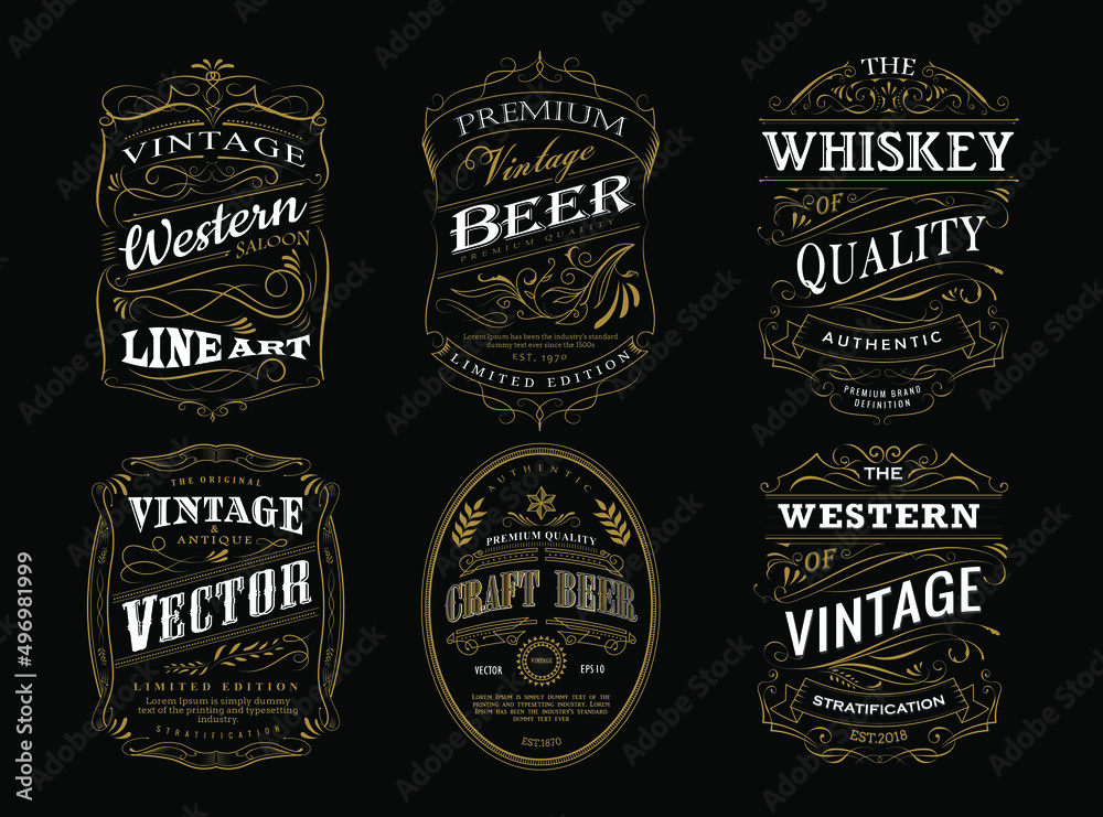 Set of whiskey label antique frame vintage border retro vector illustration