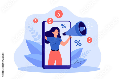 Woman from phone screen shouting into megaphone about discounts. Girl warning about seasonal sales flat vector illustration. Online campaign concept for banner, website design or landing web page