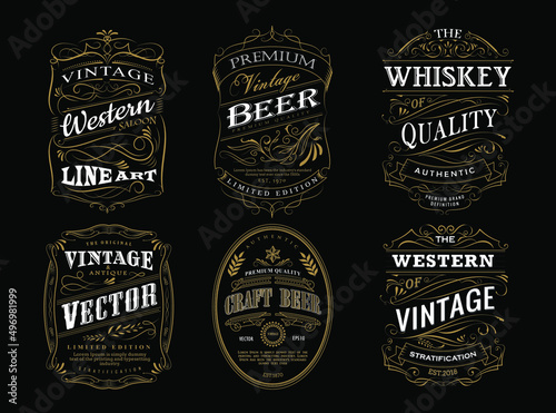 Set of whiskey label antique frame vintage border retro vector illustration
