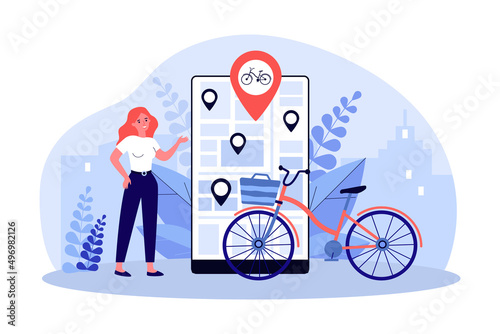 Woman using mobile app to share and rent bike online. Tiny person standing near smartphone and bicycle flat vector illustration. Rental service concept for banner, website design or landing web page