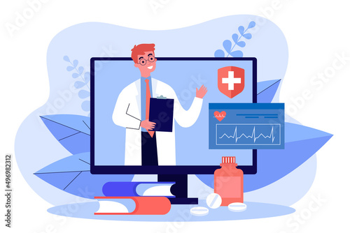 Online cardiologist appointment on laptop screen. Man examining heart, cardiovascular health flat vector illustration. Telemedicine, cardiology concept for banner, website design or landing web page