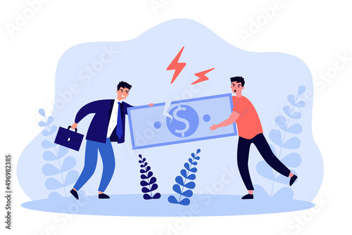 Conflict of two business competitors pulling money. Fight over cash banknote of tiny male characters flat vector illustration. Financial battle concept for banner, website design or landing web page