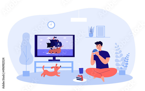 Young man watching adventure movie about pirates on TV. Person sitting on floor of living room, eating cake flat vector illustration. Leisure concept for banner, website design or landing web page