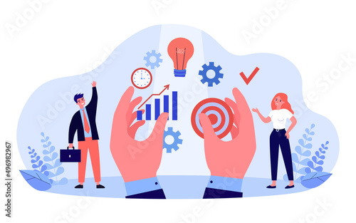 Workflow organization for tiny employees by boss. Hands giving lightbulb, clock and target to man and woman flat vector illustration. Efficiency concept for banner, website design or landing web page