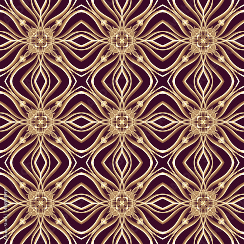 Seamless ornamental royal surface pattern in golden color with maroon background. Use for fashion design, clothing, fabrics, home decoration, bedding, wallpapers, invitations and greeting cards