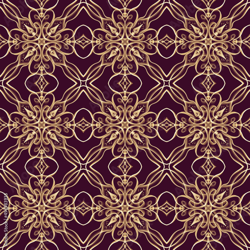 Seamless ornamental royal surface pattern in golden color with maroon background. Use for fashion design, clothing, fabrics, home decoration, bedding, wallpapers, invitations and greeting cards