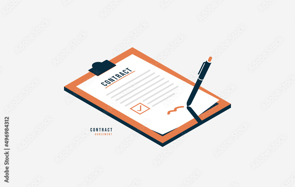 Digital signature and smart contract agreement concept, Isometric paper with pencil signing document on clipboard. Successful completion of business tasks vector illustration - obrazy, fototapety, plakaty 