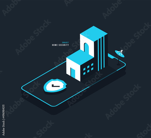 Home secure protection automation system concept, Isometric home on smartphone smart security controll, Safery guard or defence vector illustration