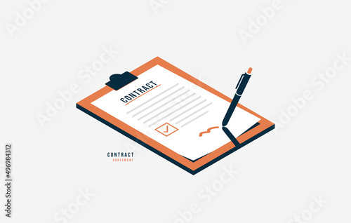Digital signature and smart contract agreement concept, Isometric paper with pencil signing document on clipboard. Successful completion of business tasks vector illustration