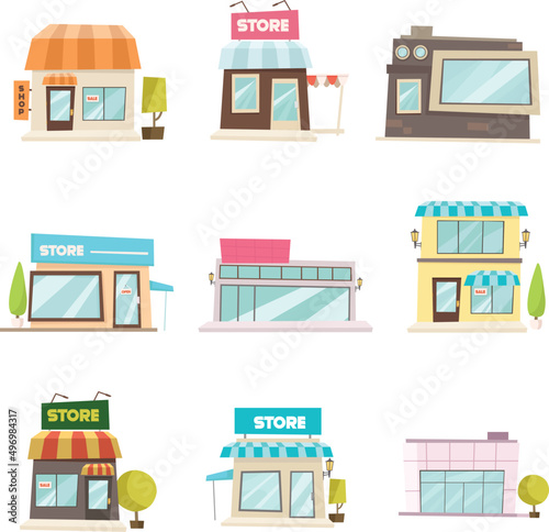A collection of several forms of shop buildings with various architectures (ID: 496984317)
