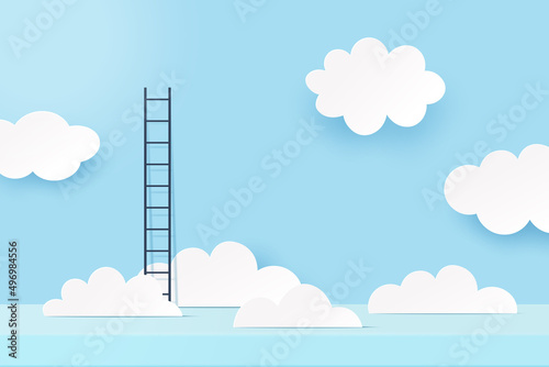 3d Paper cut abstract minimal scene geometric shape template background.Ladder and cloud on blue sky background.Vector illustration.