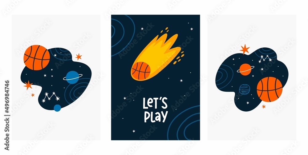 Cute cartoon Basketball vector print. Sky, space, planets, stars and a basketball - flat style illustration
