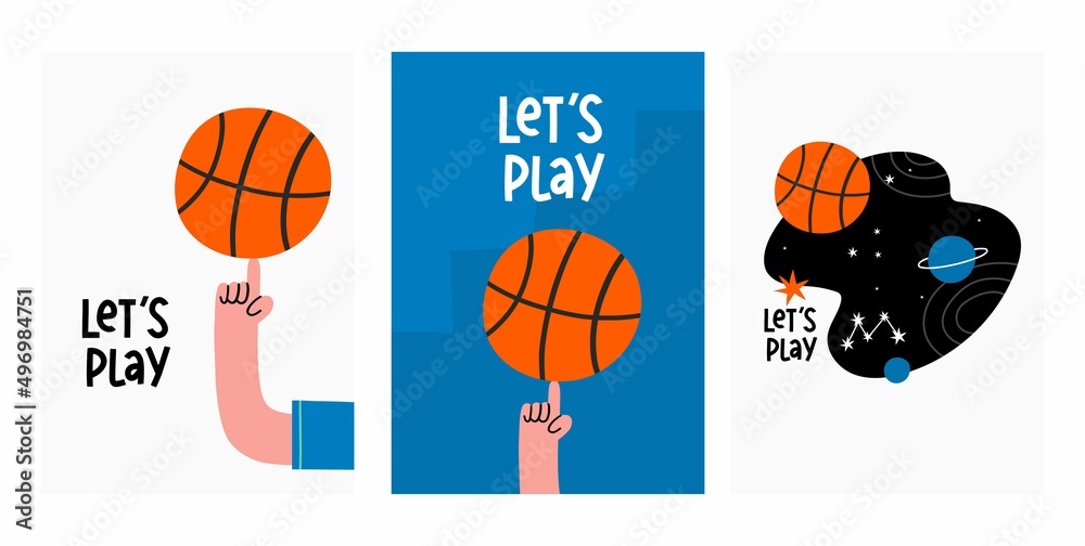 Cute cartoon Basketball vector print. Sky, space, planets, stars and a basketball - flat style illustration