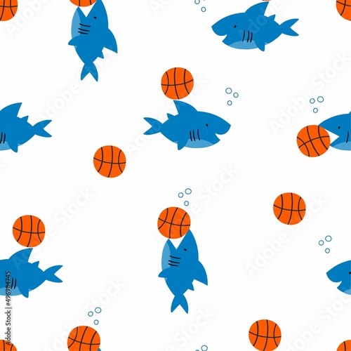 Cute cartoon Basketball vector print. Shark and basket seamless pattern