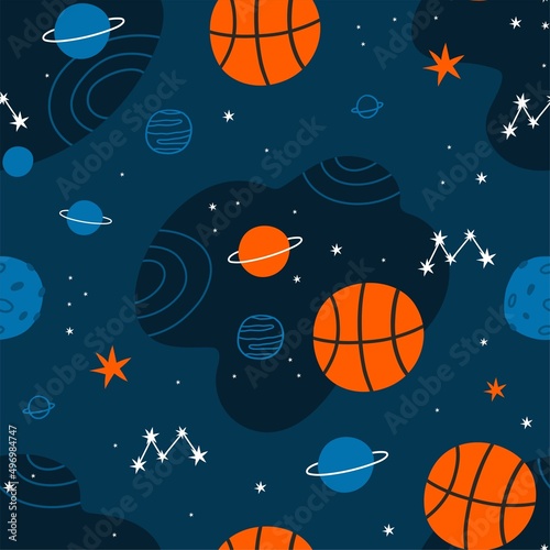 Cute cartoon Basketball vector print. Sky, space, planets, stars and a basketball - flat style seamless pattern