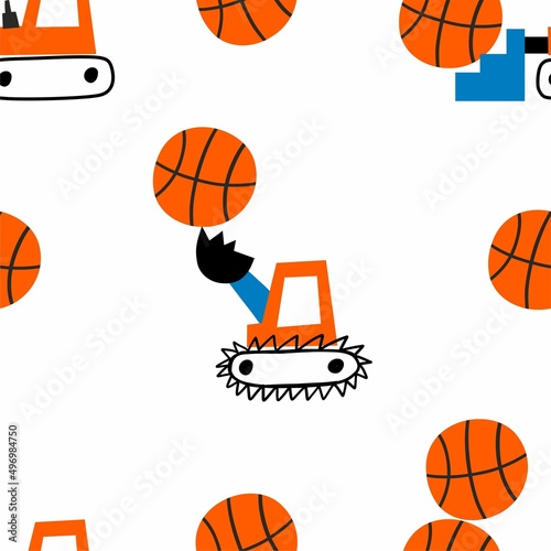Cute cartoon Basketball vector print. Cartoon truck, excavator, bulldozer playing basketball seamless pattern