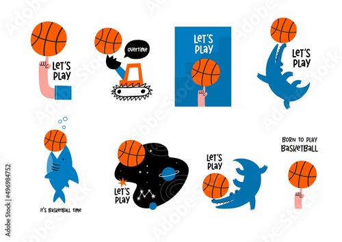 Cute cartoon Basketball vector print. Sky, space, planets, stars and a basketball - flat style illustration