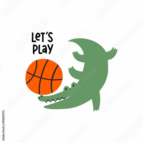 Cute cartoon Basketball vector print. Crocodile and Basket - flat style illustration