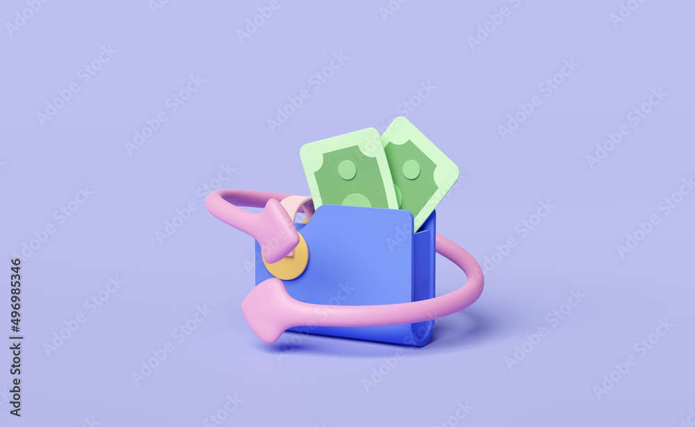 3d wallet with money banknote isolated on purple background. transfer arrows, cashback, saving money wealth business, cashback money refund concept, 3d render illustration 3d wallet with money banknote isolated on purple background. transfer arrows, cashback, saving money wealth business, cashback money refund concept, 3d render illustration