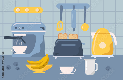 vector illustration in flat style - kitchen interior, kitchen appliances, utensils, inventory