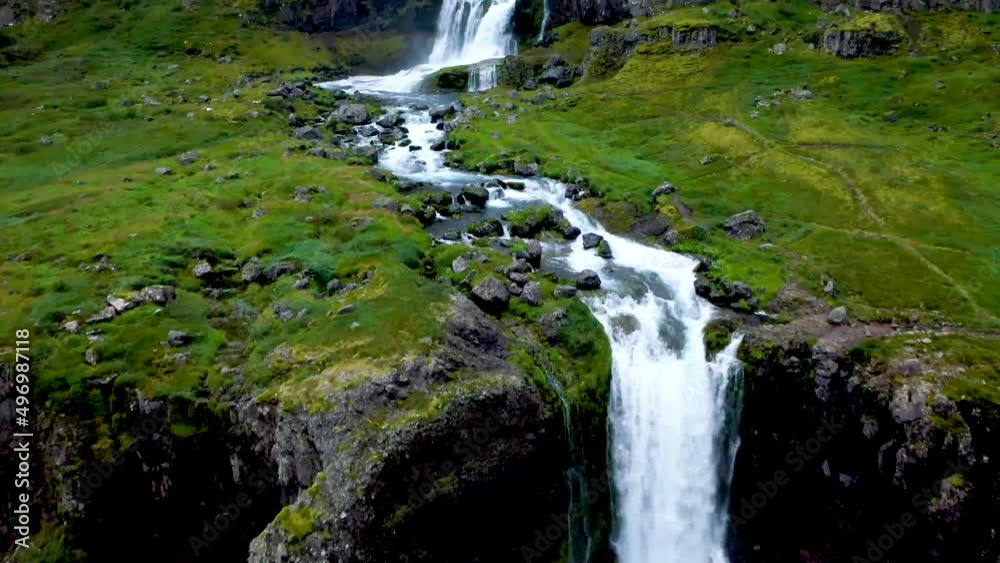 Pan up shot at waterfall in Iceland Pan up shot at waterfall in Iceland