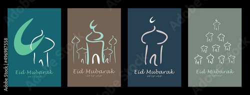 Set of vector illustration Eid Mubarak with symbol of mosque. Islamic greeting card template with ramadan for wallpaper design, poster, media banner. 