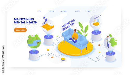 Maintaining mental health  landing page design  website banner vector template. Stress management and wellbeing.