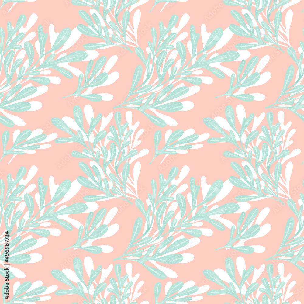 Abstract floral seaweeds seamless pattern. Hand drawn image. Digital art. Red sea seaweeds background.	