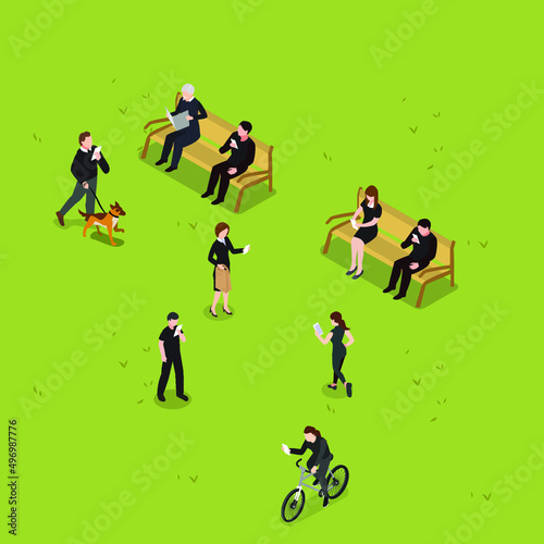 Mobile phone addiction - people using cellphone at park isometric 3d vector illustration concept for banner, website, illustration, landing page, template, etc