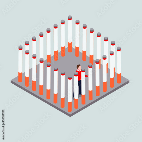 Man in prison made of cigarettes  isometric 3d vector illustration concept for banner, website, illustration, landing page, template, etc