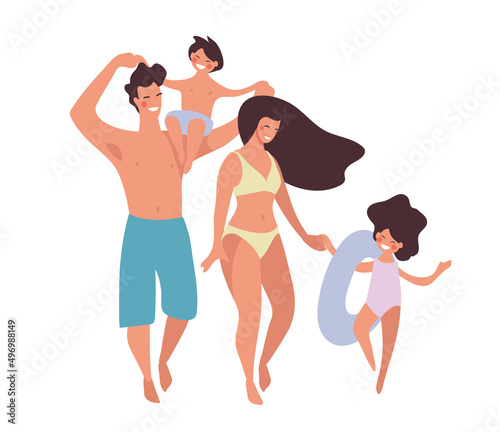 A family in swimsuits is relaxing and having fun at the sea or in the pool. Parents with children smile and walk on the journey. Vector flat cartoon characters about tourism, vacation with kids.