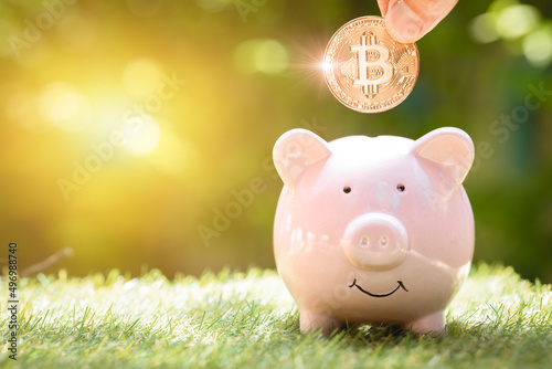 Happy Saving Bitcoin currency or Crypto Money with Piggy Bank concept.
