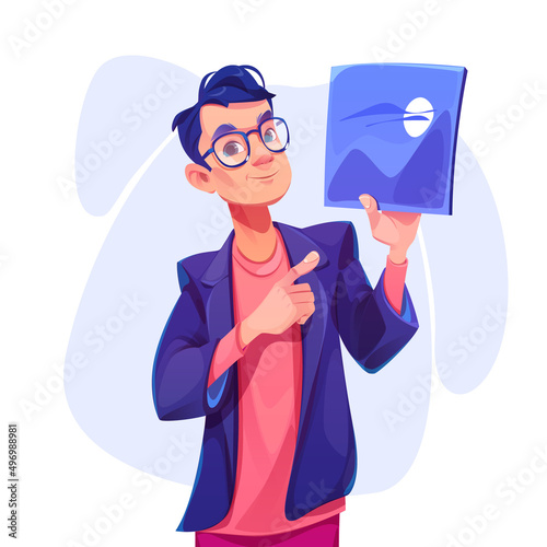 Illustrator or designer male character holding digital tablet in hand pointing on picture. Creative person develop painting project, man artist, graphic design profession, Cartoon vector illustration