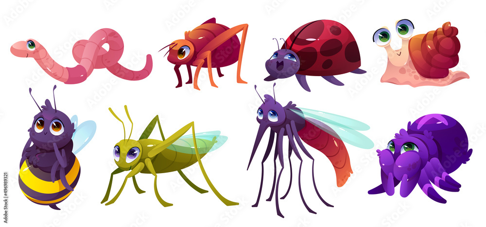 Cute insect characters, ant, bee, spider, grasshopper, ladybug, worm and  snail. Vector cartoon set of funny bugs, beetles, ladybird, mosquito and  earthworm isolated on white background Stock Vector | Adobe Stock