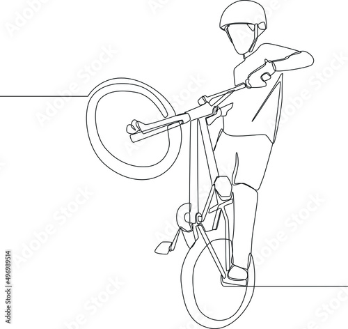 Simple continuous line drawing young bmx rider jumping on bike.  Vector illustration.