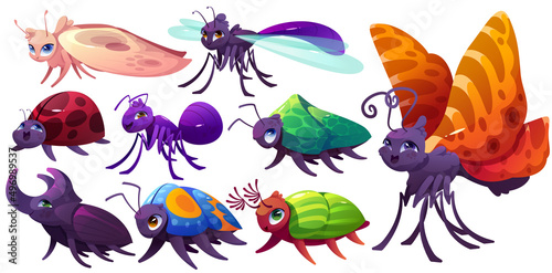 Cartoon insects characters mole, dragonfly, bedbug, butterfly, ladybug, ant, colorado and rhinoceros beetle. Funny wild creatures with smiling faces, mascot, kids design elements, isolated vector set