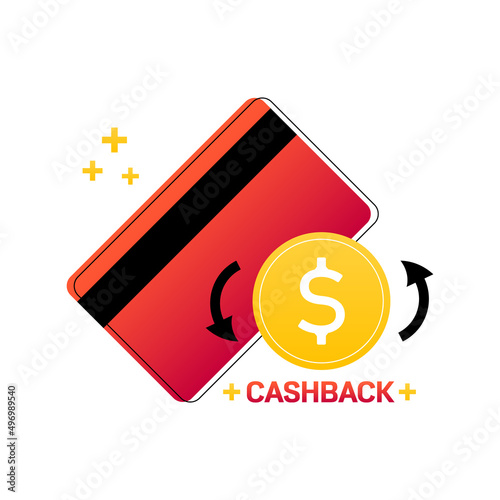 Vector concept illustration for cashback with credit card and golden coin, money symbol.
