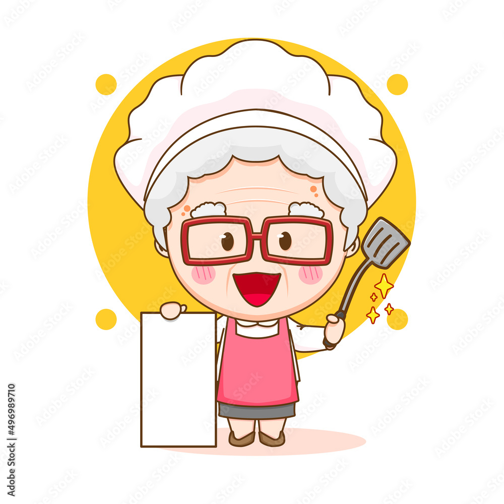 Cute chef grandma with blank board chibi hand drawn cartoon character Cute chef grandma with blank board chibi hand drawn cartoon character