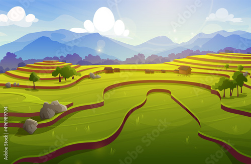 Rice field terraces, asian green paddy and farm houses. Vector cartoon illustration of summer country landscape with terraced crop plantation on hills, village, forest and mountains on horizon