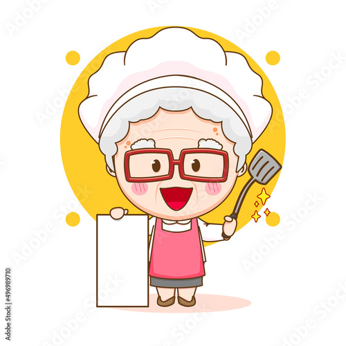 Cute chef grandma with blank board chibi hand drawn cartoon character