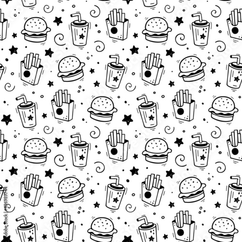 Hand drawn fast food combo seamless pattern. Comic doodle sketch style. Vector Fast food illustration. Sketch of hamburger, paper cup of beverage, french fries box and star.