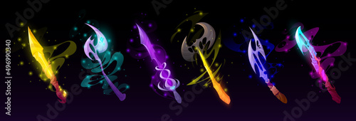 Magic swords, hatchets and knives for game interface. Vector cartoon set of fantasy metal weapon, longswords and blades with gems and mystic light isolated on black background