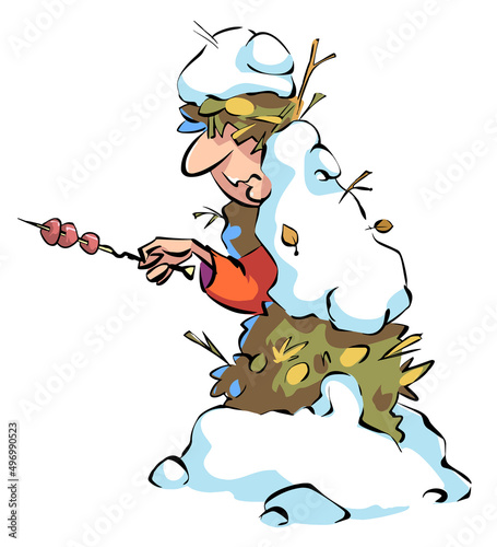 A cartoon man with a barbecue is sitting under the snow. A man has been sitting with a barbecue since last season.