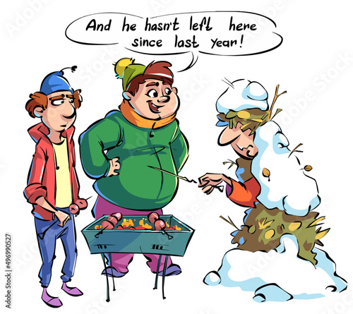 Cartoon Men fry shish kebab on barbecue outdoors. Picnic weekend in the park in spring.