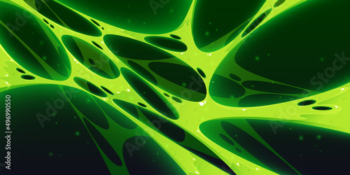 Slime background, green toxic stretches of ooze with holes and glow particles around. Mucus, creepy goo, sticky liquid snots on dark backdrop, radioactive Halloween design Cartoon vector illustration