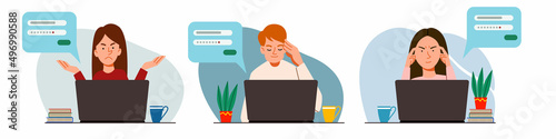 A set of concepts of people thinking on a laptop. Forgot your password and login for the account on the web page. Flat vector illustration.