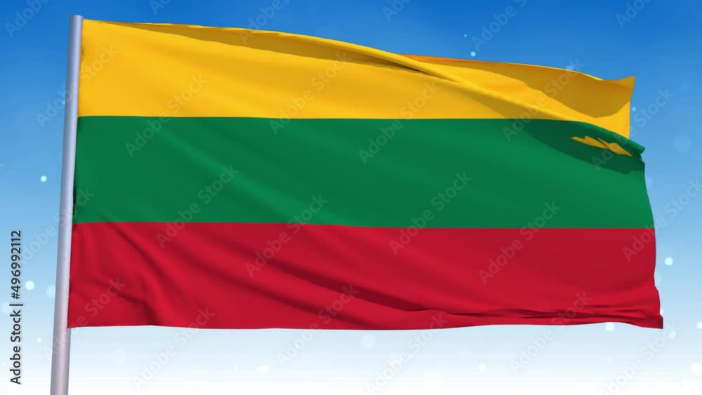 Waving National Flag Of Lithuania In The Wind With Pole On Cloudy Fog Glitter Air particles Flying Blue Sky 3D Rendering Seamless Loop With Alpha Matte Waving National Flag Of Lithuania In The Wind With Pole On Cloudy Fog Glitter Air particles Flying Blue Sky 3D Rendering Seamless Loop With Alpha Matte