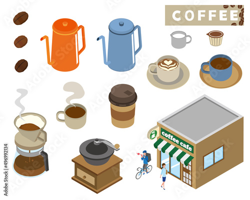 コーヒーやカフェのアイソメトリックイラスト素材