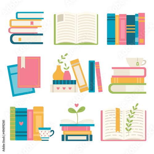Set of different book objects, cup of tea, vector