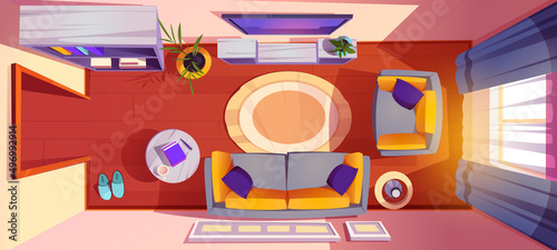 Living room interior top view. Apartment with sofa, tv, armchair and coffee table with floor lamp, potted plant, pictures on wall and bookcase. Home with curtained windows, Cartoon vector illustration